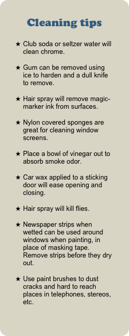 Cleaning tips
Club soda or seltzer water will clean chrome.
Gum can be removed using ice to harden and a dull knife to remove.
Hair spray will remove magic-marker ink from surfaces.
Nylon covered sponges are great for cleaning window screens.
Place a bowl of vinegar out to absorb smoke odor.
Car wax applied to a sticking door will ease opening and closing.
Hair spray will kill flies.
Newspaper strips when wetted can be used around windows when painting, in place of masking tape. Remove strips before they dry out.
Use paint brushes to dust cracks and hard to reach places in telephones, stereos, etc.